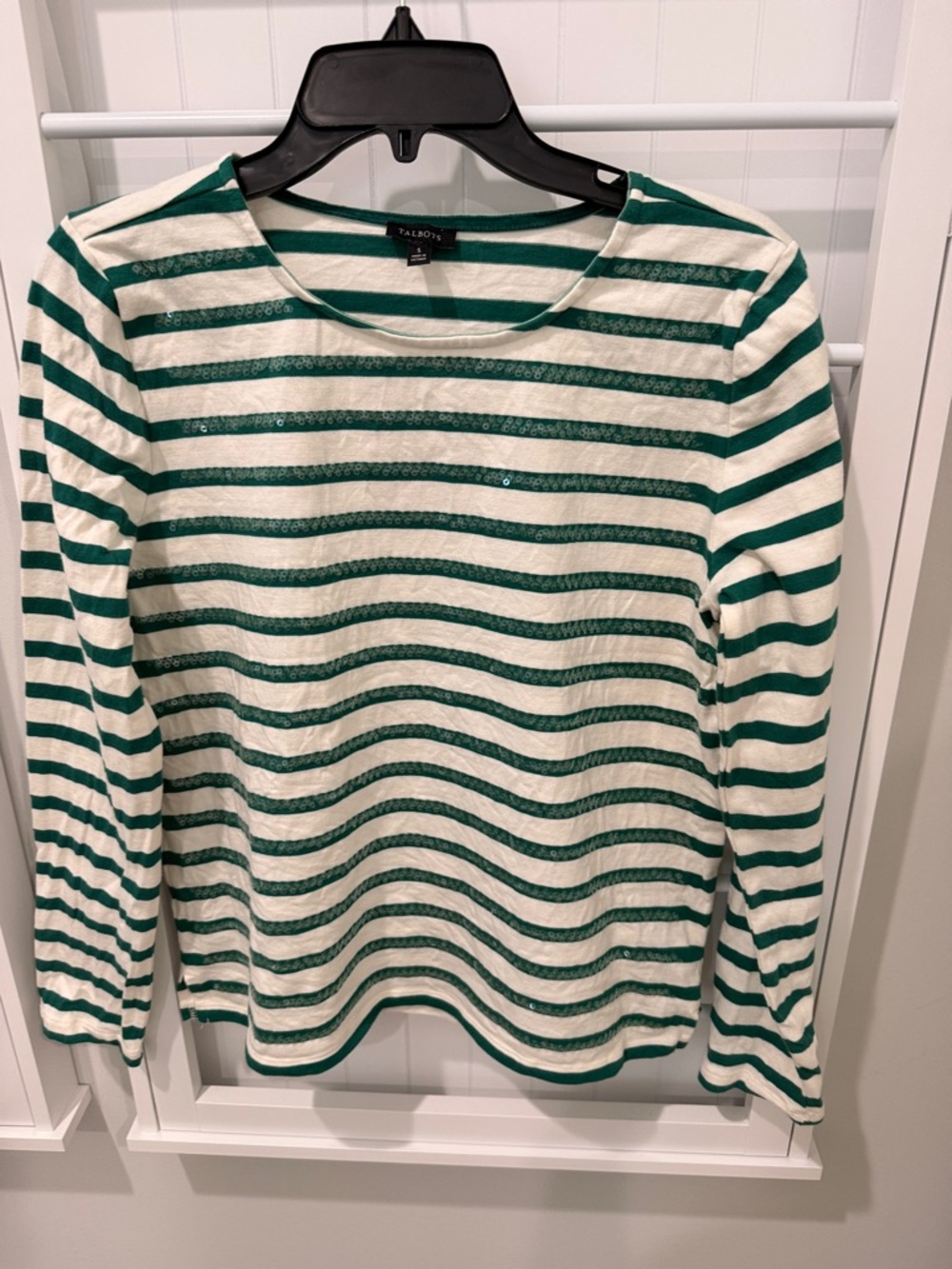 Talbots Green and White Sequined Striped Long Sleeve Top Small EUC